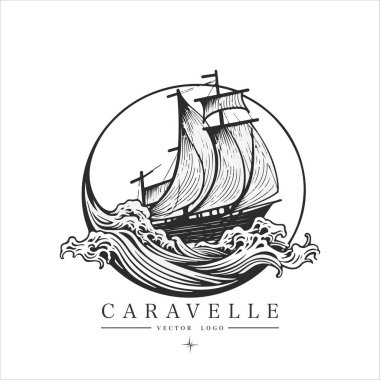 Sailing boat, caravelle, frigate on the water, vector logo emblem in asian style. clipart