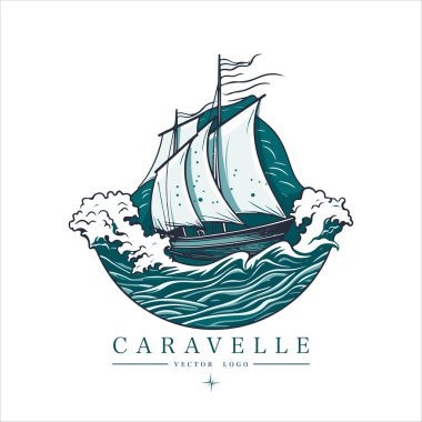 Yelkenli tekne, Caravelle, suda fırkateyn, Asya tarzı vektör amblemi..