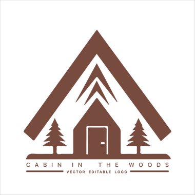 Ahşap kulübe logosu şablonu. Orman vektör illüstrasyonunda kabin. Kulübe kiralama logosu. Chalet orman etiketinde..