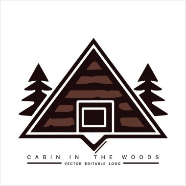 Ahşap kulübe logosu şablonu. Orman vektör illüstrasyonunda kabin. Kulübe kiralama logosu. Chalet orman etiketinde..
