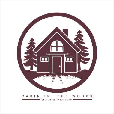 Ahşap kulübe logosu şablonu. Orman vektör illüstrasyonunda kabin. Kulübe kiralama logosu. Chalet orman etiketinde..