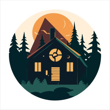 Ahşap kulübe logosu şablonu. Orman vektör illüstrasyonunda kabin. Kulübe kiralama logosu. Chalet orman etiketinde..