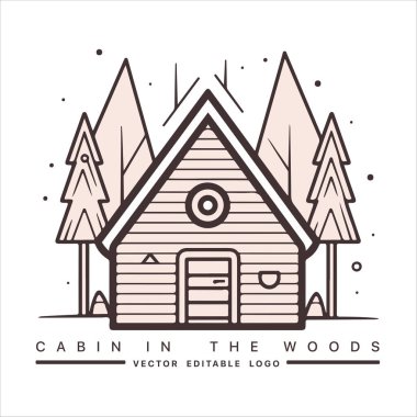Ahşap kulübe logosu şablonu. Orman vektör illüstrasyonunda kabin. Kulübe kiralama logosu. Chalet orman etiketinde..