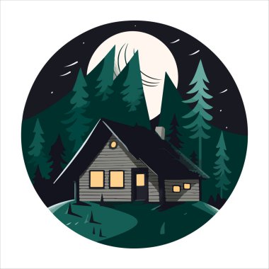 Ahşap kulübe logosu şablonu. Orman vektör illüstrasyonunda kabin. Kulübe kiralama logosu. Chalet orman etiketinde..