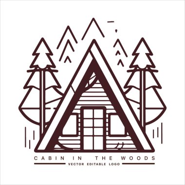 Ahşap kulübe logosu şablonu. Orman vektör illüstrasyonunda kabin. Kulübe kiralama logosu. Chalet orman etiketinde..