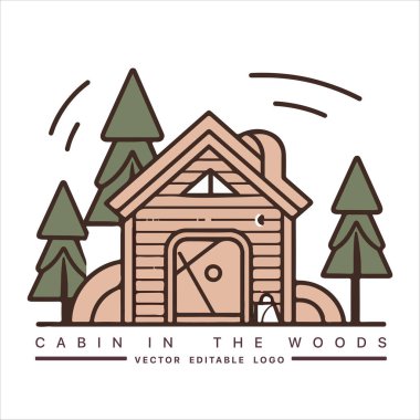 Ahşap kulübe logosu şablonu. Orman vektör illüstrasyonunda kabin. Kulübe kiralama logosu. Chalet orman etiketinde..