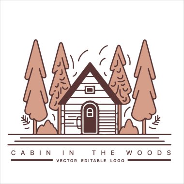 Ahşap kulübe logosu şablonu. Orman vektör illüstrasyonunda kabin. Kulübe kiralama logosu. Chalet orman etiketinde..