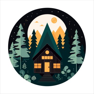 Ahşap kulübe logosu şablonu. Orman vektör illüstrasyonunda kabin. Kulübe kiralama logosu. Chalet orman etiketinde..
