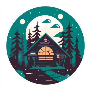 Ahşap kulübe logosu şablonu. Orman vektör illüstrasyonunda kabin. Kulübe kiralama logosu. Chalet orman etiketinde..