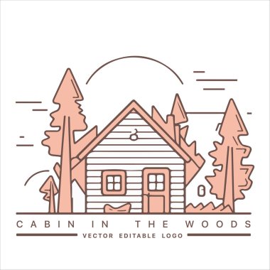 Ahşap kulübe logosu şablonu. Orman vektör illüstrasyonunda kabin. Kulübe kiralama logosu. Chalet orman etiketinde..