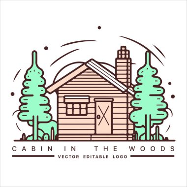 Ahşap kulübe logosu şablonu. Orman vektör illüstrasyonunda kabin. Kulübe kiralama logosu. Chalet orman etiketinde..