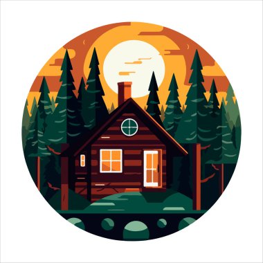 Ahşap kulübe logosu şablonu. Orman vektör illüstrasyonunda kabin. Kulübe kiralama logosu. Chalet orman etiketinde..