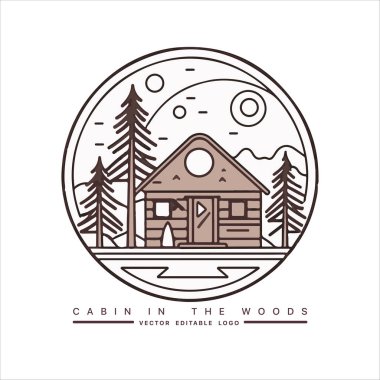 Ahşap kulübe logosu şablonu. Orman vektör illüstrasyonunda kabin. Kulübe kiralama logosu. Chalet orman etiketinde..