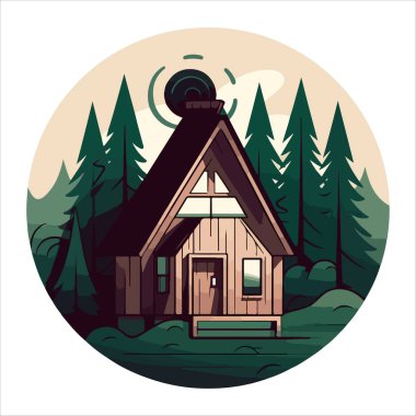 Ahşap kulübe logosu şablonu. Orman vektör illüstrasyonunda kabin. Kulübe kiralama logosu. Chalet orman etiketinde..
