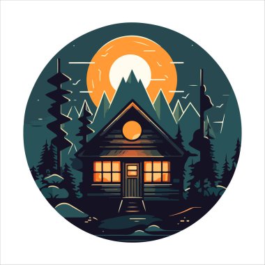 Ahşap kulübe logosu şablonu. Orman vektör illüstrasyonunda kabin. Kulübe kiralama logosu. Chalet orman etiketinde..