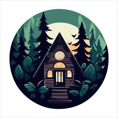 Ahşap kulübe logosu şablonu. Orman vektör illüstrasyonunda kabin. Kulübe kiralama logosu. Chalet orman etiketinde..