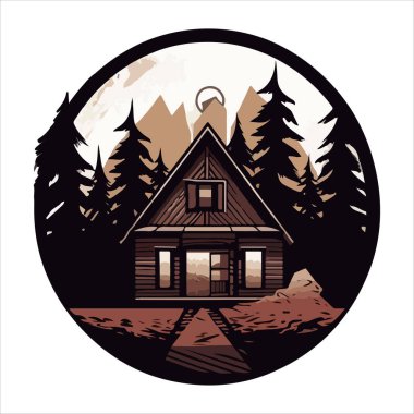 Ahşap kulübe logosu şablonu. Orman vektör illüstrasyonunda kabin. Kulübe kiralama logosu. Chalet orman etiketinde..