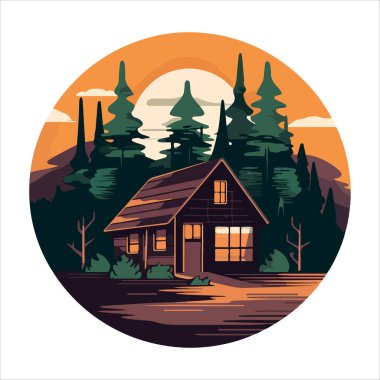 Ahşap kulübe logosu şablonu. Orman vektör illüstrasyonunda kabin. Kulübe kiralama logosu. Chalet orman etiketinde..