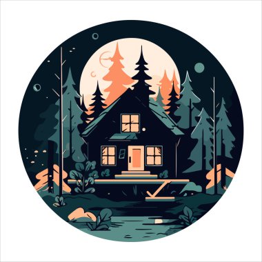 Ahşap kulübe logosu şablonu. Orman vektör illüstrasyonunda kabin. Kulübe kiralama logosu. Chalet orman etiketinde..
