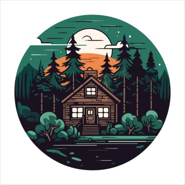 Ahşap kulübe logosu şablonu. Orman vektör illüstrasyonunda kabin. Kulübe kiralama logosu. Chalet orman etiketinde..