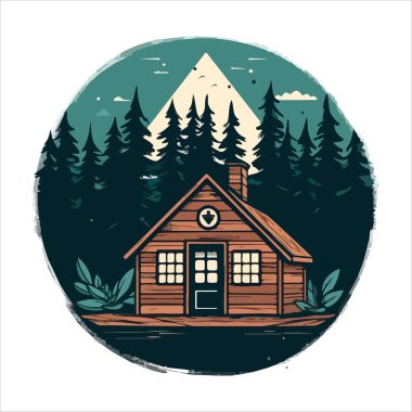 Ahşap kulübe logosu şablonu. Orman vektör illüstrasyonunda kabin. Kulübe kiralama logosu. Chalet orman etiketinde..