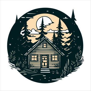 Ahşap kulübe logosu şablonu. Orman vektör illüstrasyonunda kabin. Kulübe kiralama logosu. Chalet orman etiketinde..