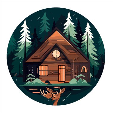 Ahşap kulübe logosu şablonu. Orman vektör illüstrasyonunda kabin. Kulübe kiralama logosu. Chalet orman etiketinde..