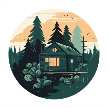 Ahşap kulübe logosu şablonu. Orman vektör illüstrasyonunda kabin. Kulübe kiralama logosu. Chalet orman etiketinde..