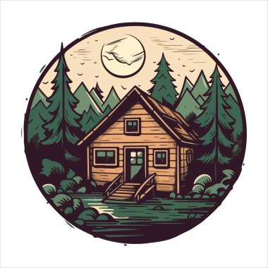 Ahşap kulübe logosu şablonu. Orman vektör illüstrasyonunda kabin. Kulübe kiralama logosu. Chalet orman etiketinde..