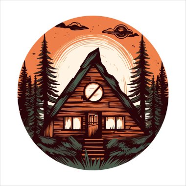 Ahşap kulübe logosu şablonu. Orman vektör illüstrasyonunda kabin. Kulübe kiralama logosu. Chalet orman etiketinde..