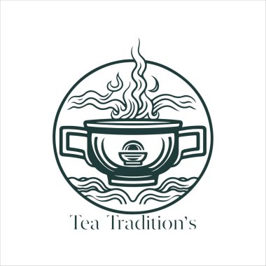 Geleneksel Bitki Çayı 'nın resmi. Çay fincanı, çay yaprakları. Doğulu, Çin çay logosu şablonu. Vector Image EPS 10. Düz minimalist biçim.