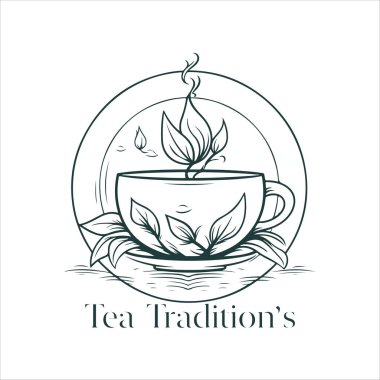 Geleneksel Bitki Çayı 'nın resmi. Çay fincanı, çay yaprakları. Doğulu, Çin çay logosu şablonu. Vector Image EPS 10. Düz minimalist biçim.