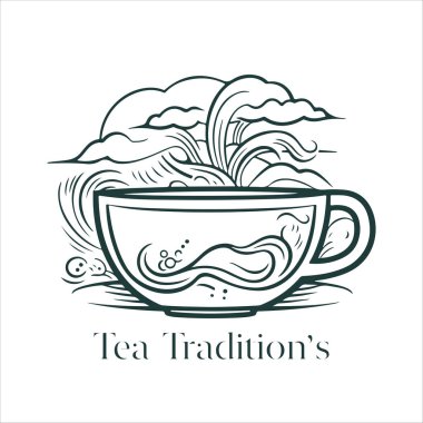 Geleneksel Bitki Çayı 'nın resmi. Çay fincanı, çay yaprakları. Doğulu, Çin çay logosu şablonu. Vector Image EPS 10. Düz minimalist biçim.