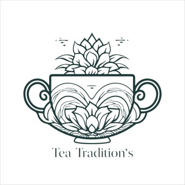 Geleneksel Bitki Çayı 'nın resmi. Çay fincanı, çay yaprakları. Doğulu, Çin çay logosu şablonu. Vector Image EPS 10. Düz minimalist biçim.