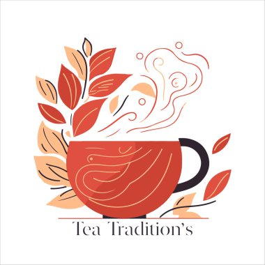 Geleneksel Bitki Çayı 'nın resmi. Çay fincanı, çay yaprakları. Doğulu, Çin çay logosu şablonu. Vector Image EPS 10. Düz minimalist biçim.
