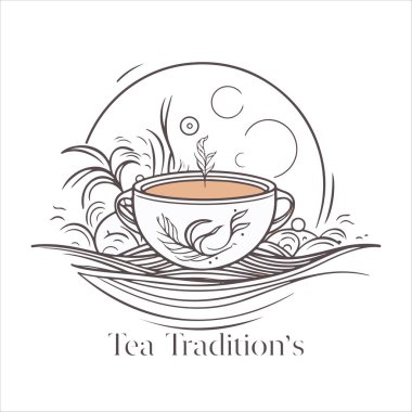 Geleneksel Bitki Çayı 'nın resmi. Çay fincanı, çay yaprakları. Doğulu, Çin çay logosu şablonu. Vector Image EPS 10. Düz minimalist biçim.