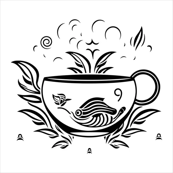Illusztrációja Gyógynövény Hagyományos Tea Teáscsésze Tealevelek Keleti Kínai Tea Logó — Stock Vector