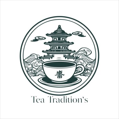 Geleneksel Bitki Çayı 'nın resmi. Çay fincanı, çay yaprakları. Doğulu, Çin çay logosu şablonu. Vector Image EPS 10. Düz minimalist biçim.