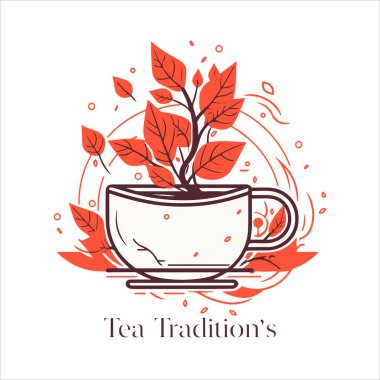 Geleneksel Bitki Çayı 'nın resmi. Çay fincanı, çay yaprakları. Doğulu, Çin çay logosu şablonu. Vector Image EPS 10. Düz minimalist biçim.