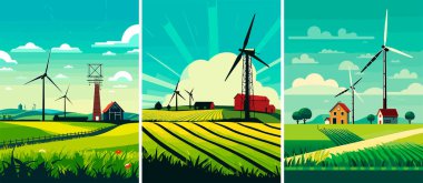 Rüzgar güç türbinleri ve yel değirmenleri vektör illüstrasyon. Rüzgardaki kinetik enerjiyi mekanik güce dönüştüren yeşil alanlar ve türbinler içeren bir manzara.