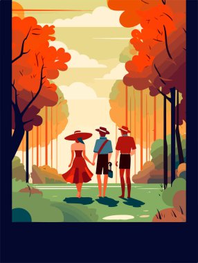 Parkta mutlu bir aile yürüyüşü. Geçmişe dönük bir poster. Vektör illüstrasyonu.