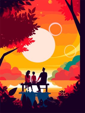 Parkta mutlu bir aile yürüyüşü. Geçmişe dönük bir poster. Vektör illüstrasyonu.