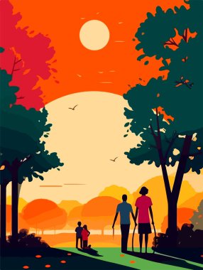Parkta mutlu bir aile yürüyüşü. Geçmişe dönük bir poster. Vektör illüstrasyonu.