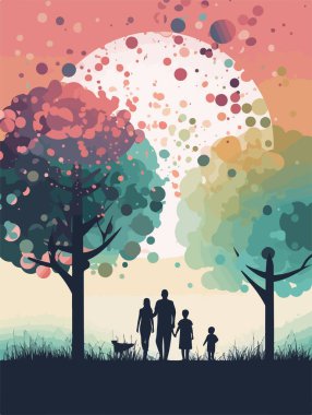 Parkta mutlu bir aile yürüyüşü. Geçmişe dönük bir poster. Vektör illüstrasyonu.