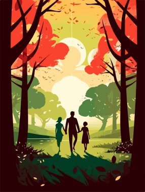 Parkta mutlu bir aile yürüyüşü. Geçmişe dönük bir poster. Vektör illüstrasyonu.