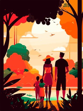 Parkta mutlu bir aile yürüyüşü. Geçmişe dönük bir poster. Vektör illüstrasyonu.