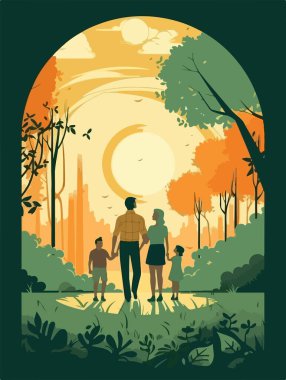 Parkta mutlu bir aile yürüyüşü. Geçmişe dönük bir poster. Vektör illüstrasyonu.