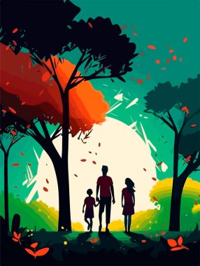 Parkta mutlu bir aile yürüyüşü. Geçmişe dönük bir poster. Vektör illüstrasyonu.