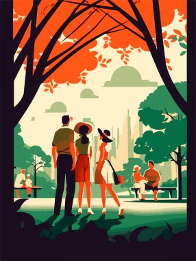 Parkta mutlu bir aile yürüyüşü. Geçmişe dönük bir poster. Vektör illüstrasyonu.