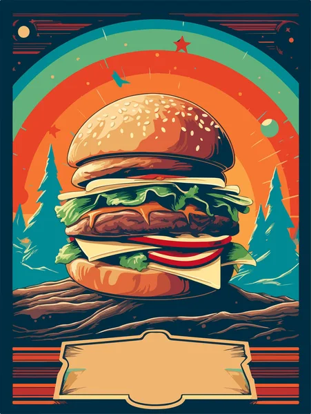 Hamburger Plakat Plakatkunst Alten Stils Großer Burger Retro Stil Design — Stockvektor